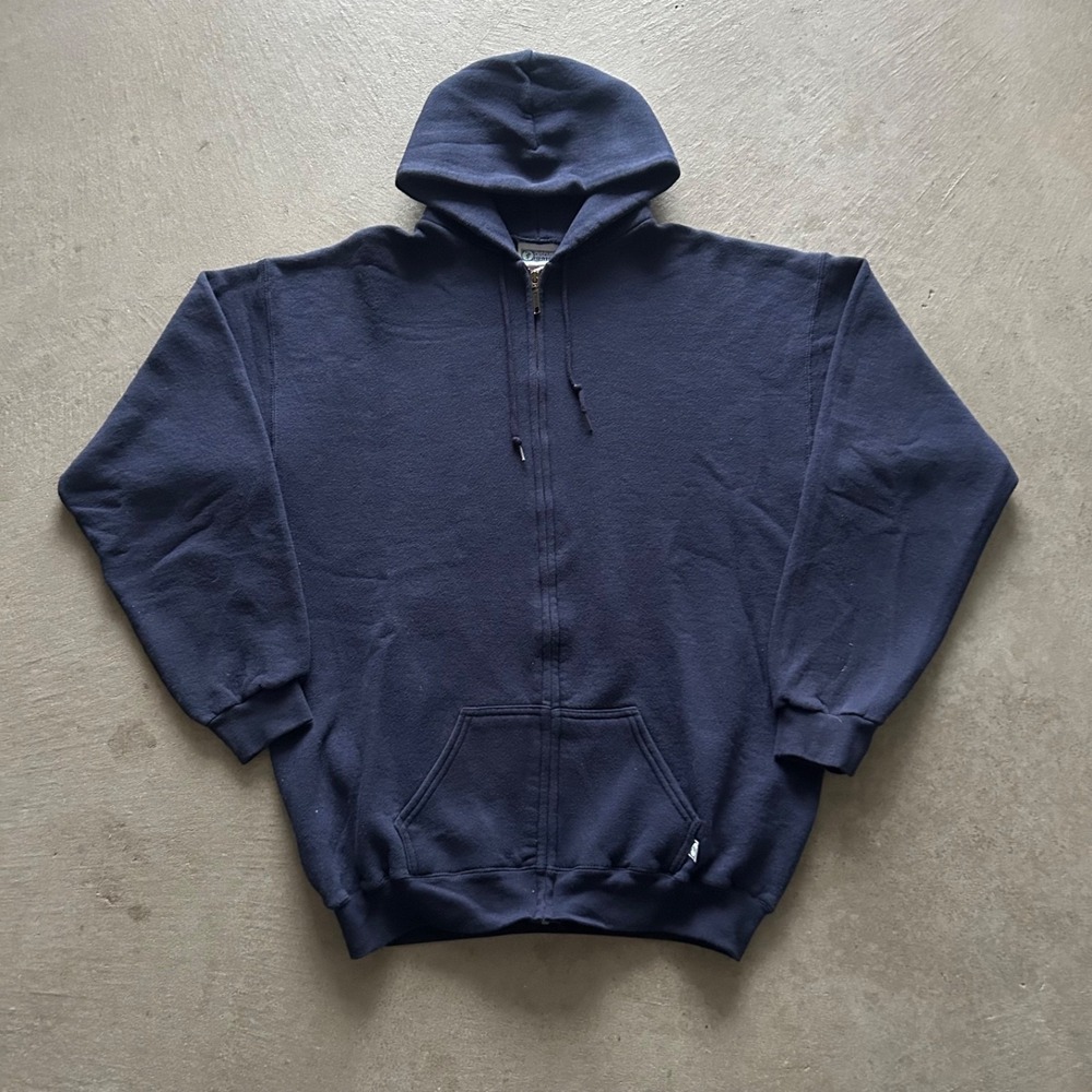 Vintage‎ 80s Discus Blank Sweatshirt Size XL Tall Navy Blue Full Zip Hoodie